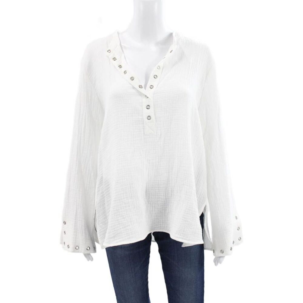 Drew Women Tunic Blouse White Henley Long Sleeve 100% Cotton Button Size L